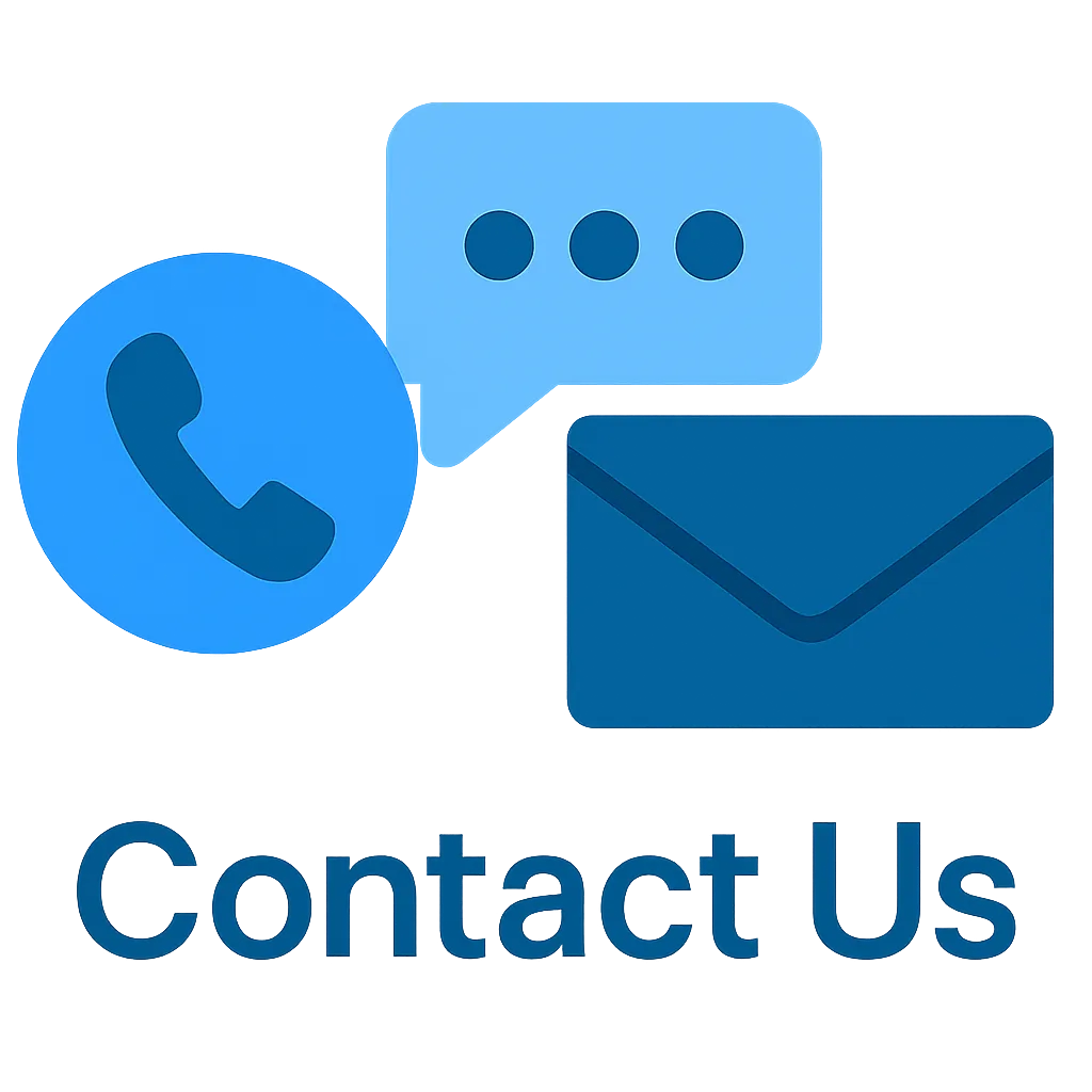 Flat-style Contact Us icon featuring a phone, speech bubble, and envelope in blue tones, labeled ‘Contact Us’