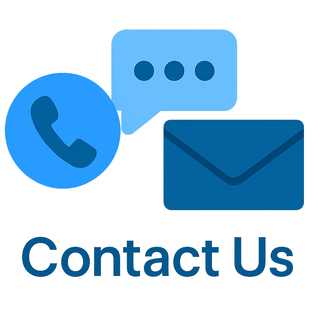 Contact Us: phone, chat, and email icons