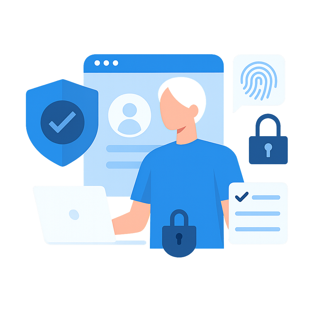 Illustration of a professional managing identity governance and access management through a secure SaaS dashboard, with icons for compliance, user provisioning, and Zero Trust security.