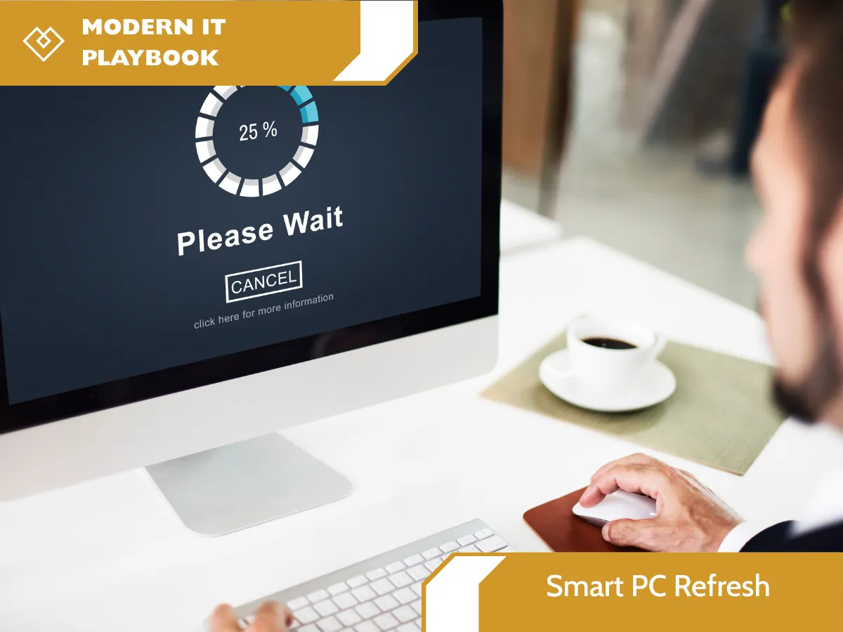 A frustrated professional waiting for a slow computer displaying a "Please Wait" loading screen at 25%, representing the need for a Smart PC Refresh and modern IT lifecycle management to improve business productivity.