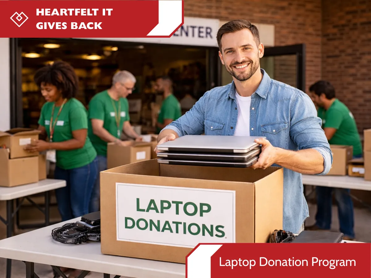 A marketing graphic for a Heartfelt IT initiative titled "Laptop Donation Program." The photo features a close-up of a smiling man in a branded warehouse. He is wearing a blazer with a small red Heartfelt IT heart pin. The background includes a large logo with the text "HEART FELT IT" and the white heart-diamond symbol, along with a stack of technical equipment and a Kobalt-branded toolbox. Red and white banners at the top-left and bottom-right read "HEARTFELT IT GIVES BACK" and "Volunteer Program," respectively.