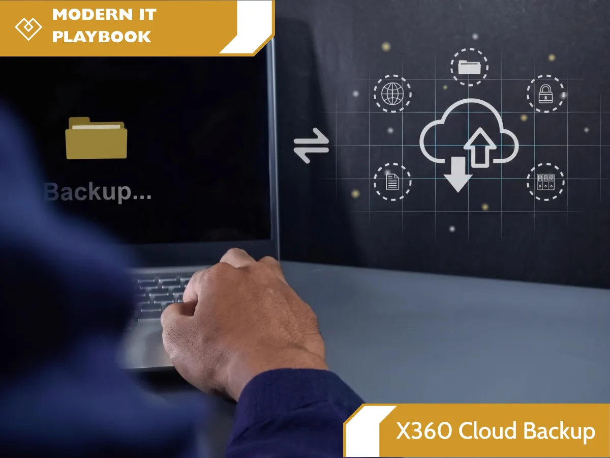 An over-the-shoulder view shows a person working on a laptop displaying a "Backup..." prompt next to a graphic overlay illustrating data syncing securely to the cloud under the "X360 Cloud Backup" and "Modern IT Playbook" branding.