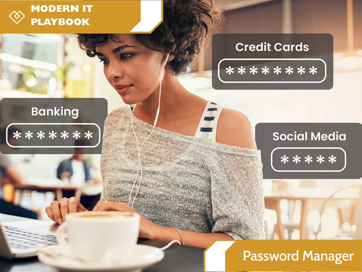 The image promotes password management and online security, with “Modern IT Playbook” branding in the top corner and “Password Manager” text at the bottom. Warm lighting and a modern workspace create a professional cybersecurity-themed scene.