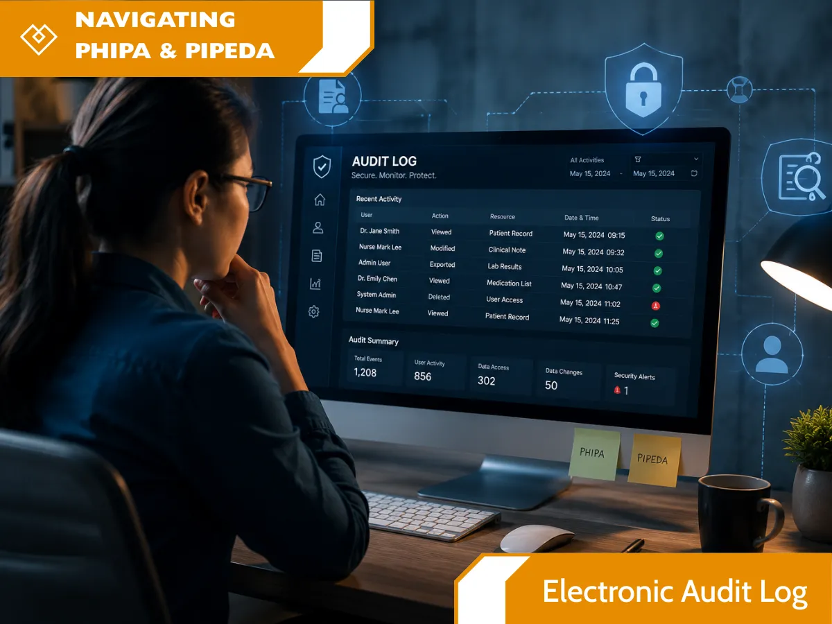 Healthcare IT professional reviewing a secure electronic audit log dashboard in a modern cybersecurity workspace, illustrating PHIPA Section 10.1 and PIPEDA compliance, user access monitoring, audit trail management, and healthcare data security.