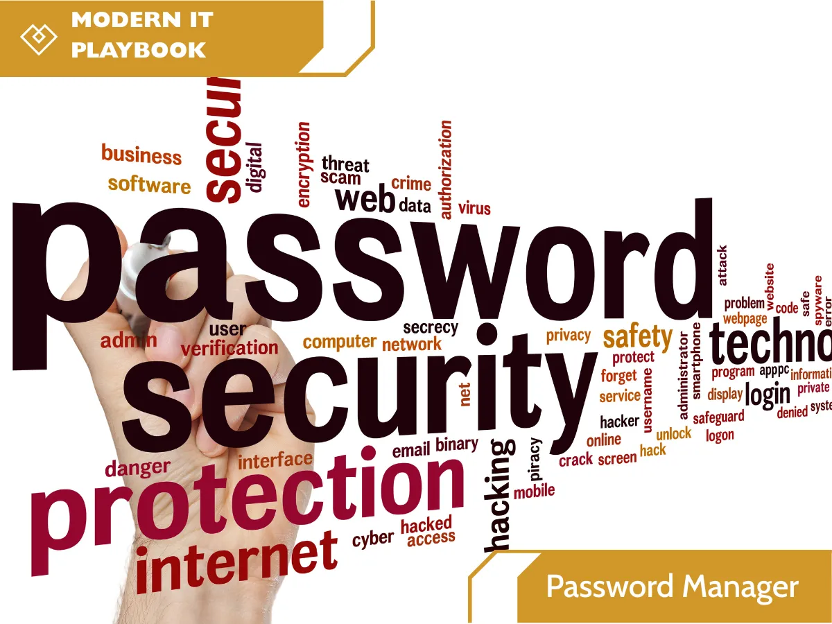 Word cloud illustrating password security concepts, including password protection, cybersecurity, encryption, authentication, login security, phishing prevention, and credential management, highlighting the importance of enterprise password managers and secure business credential practices.