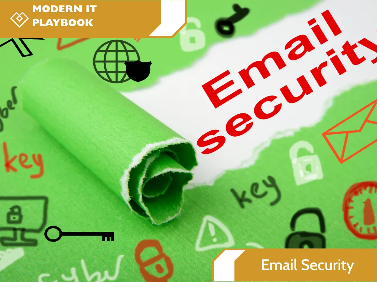  Green cybersecurity-themed graphic with a rolled sheet of paper in the center, red “Email security” text, and assorted security icons around it.