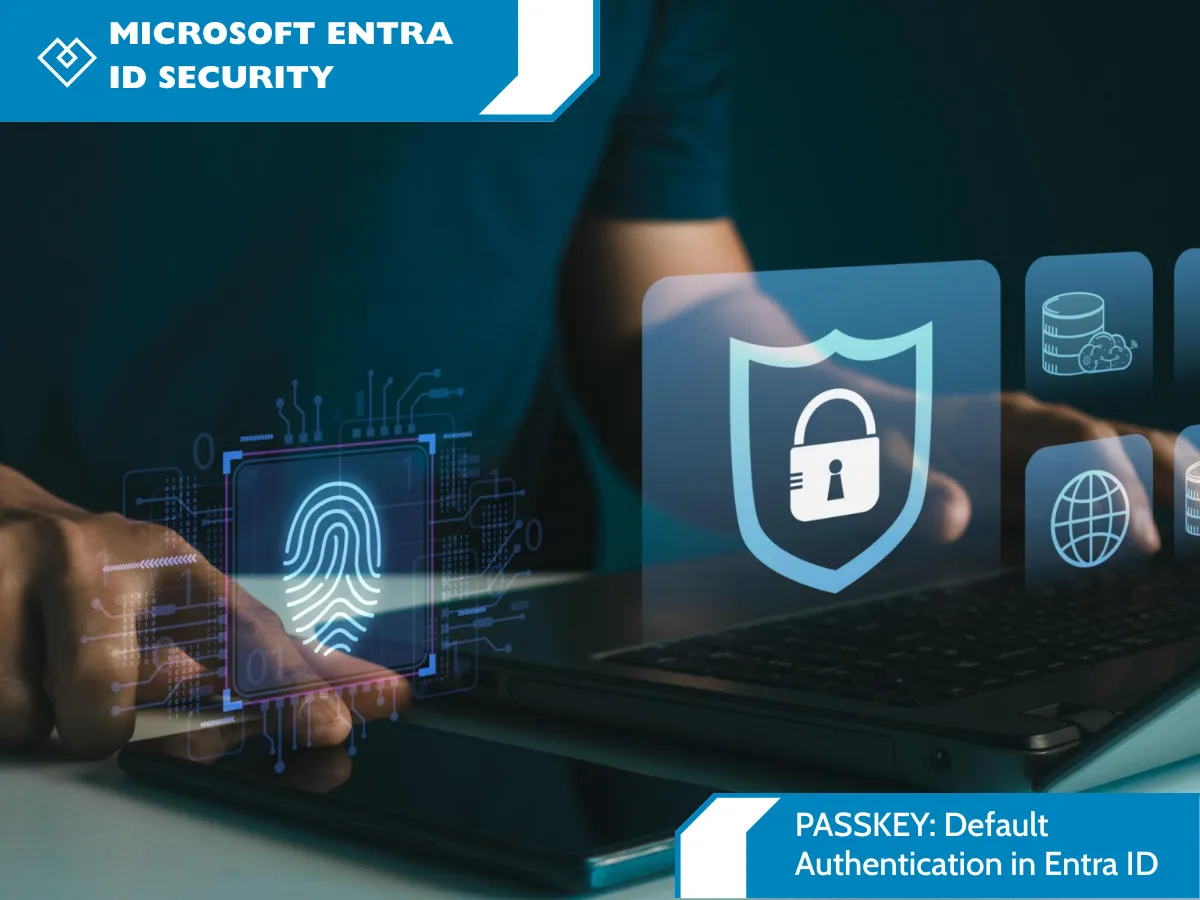Microsoft Entra ID Security cover with the subtitle ‘Passkey: Default Authentication in Entra ID.