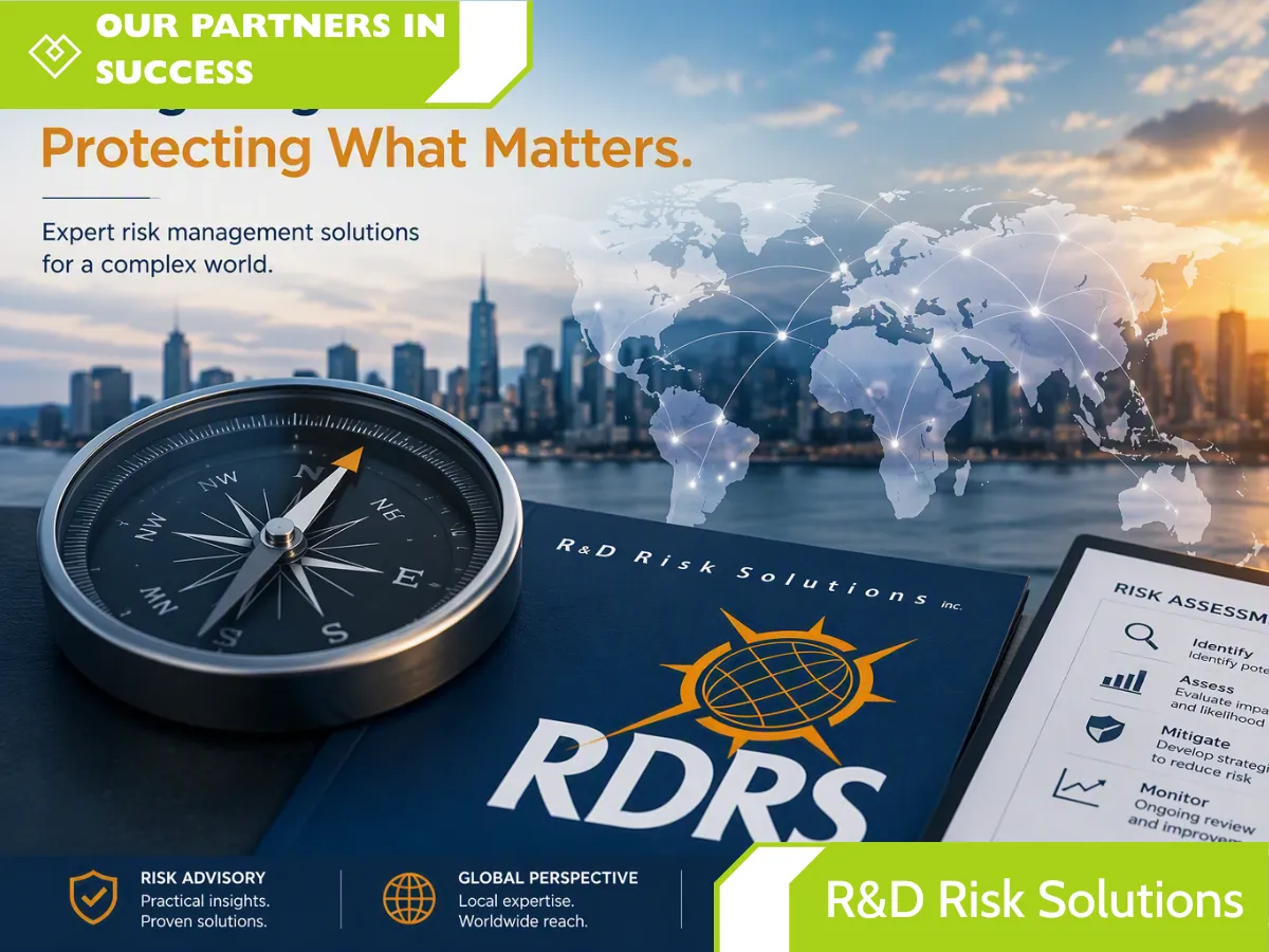 R&D Risk Solutions promotional graphic featuring a compass, global map, and risk assessment document, with the headline “Protecting What Matters” and text highlighting risk advisory, global perspective, and practical risk management solutions.