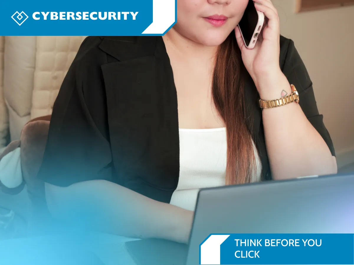 Business professional practicing cybersecurity awareness, multitasking with smartphone and laptop at desk, gold wristwatch visible, with banners reading ‘Cybersecurity’ and ‘Think Before You Click