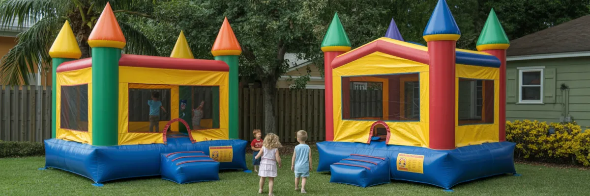 Colorful bounce houses set up in Homestead Florida backyard with children playing safely at birthday party