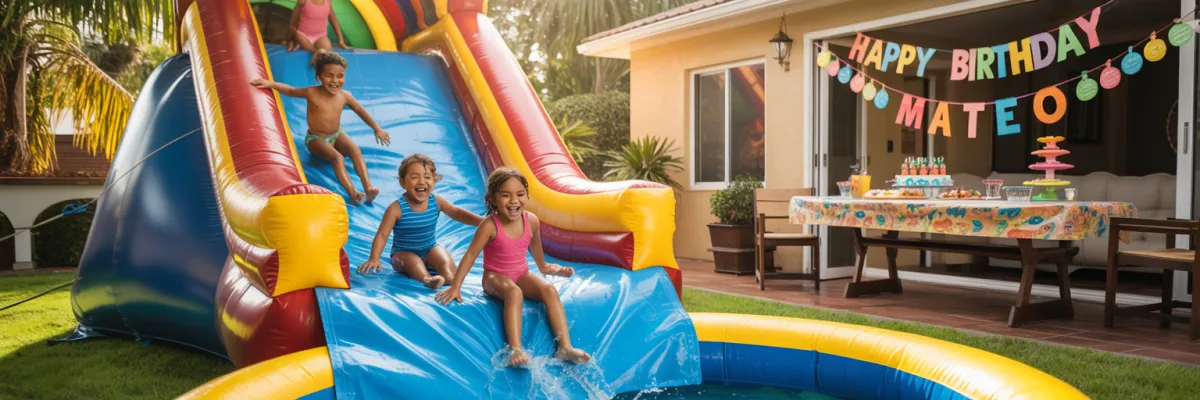 Children enjoying colorful water slide rental at Homestead Florida backyard birthday party on sunny day