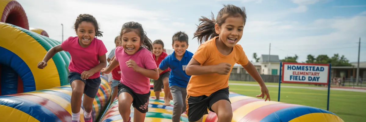 Kids racing through colorful inflatable obstacle course at Homestead Florida school field day event