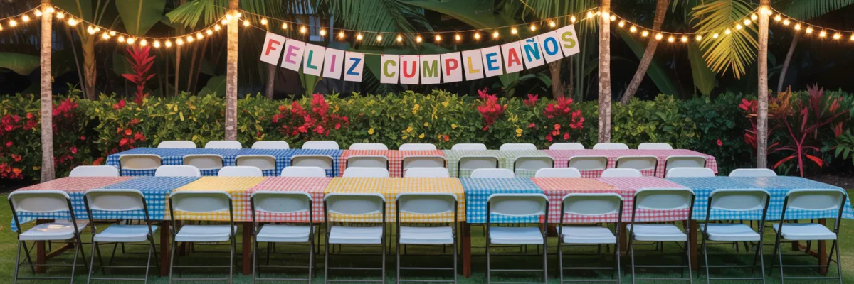 Party tables with folding chairs set up for outdoor birthday party in Homestead Florida backyard