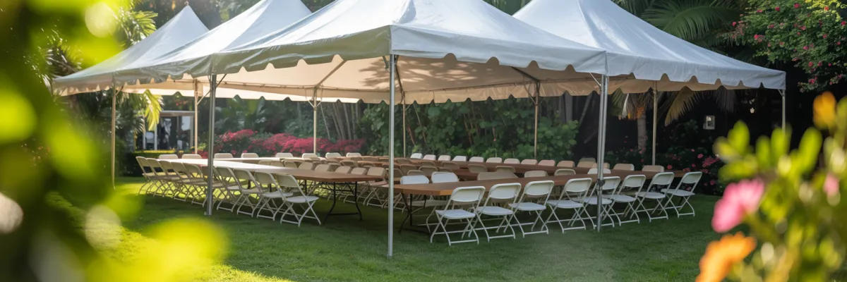 White frame tent setup in Homestead Florida backyard with tables and chairs underneath for outdoor party celebration