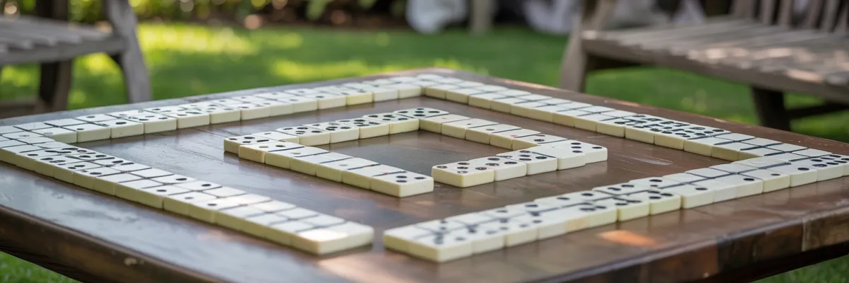 Professional domino table with four chairs set up in Homestead Florida backyard with family playing dominoes during outdoor party celebration