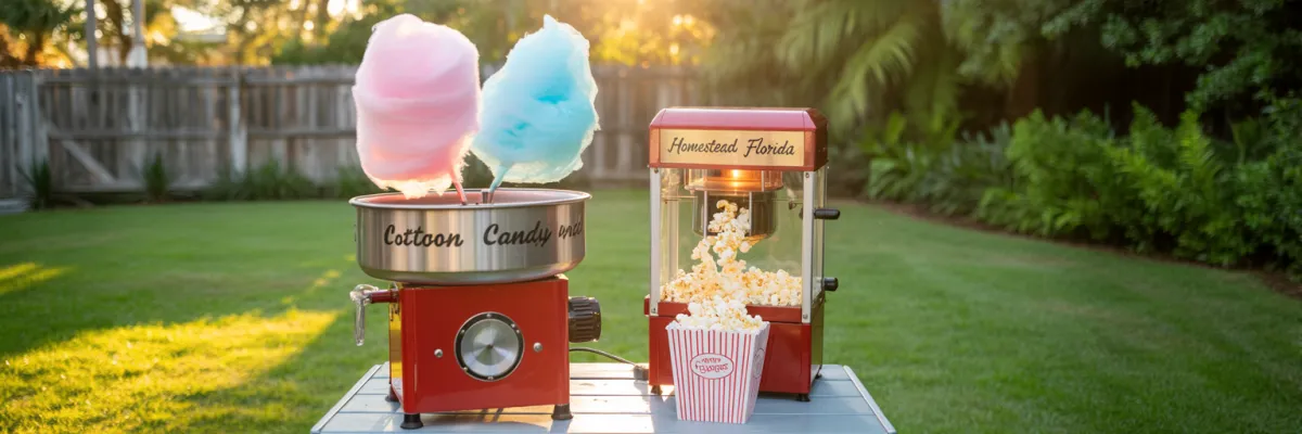 Cotton candy machine and popcorn maker set up at Homestead Florida backyard party with children enjoying fresh concession treats
