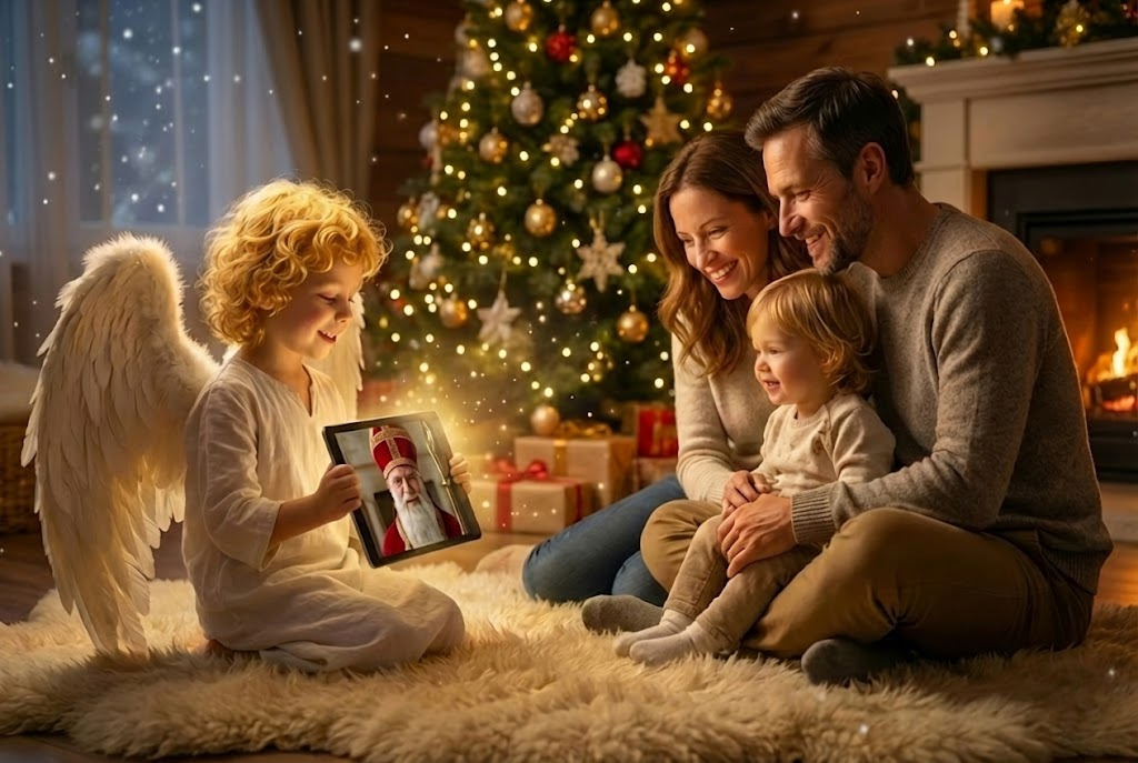 A warmly lit living room with a decorated Christmas tree, a smiling Mikuláš in a red robe holding a scroll, and two excited children in festive pajamas watching a tablet. Golden fairy lights and soft snow outside the window create a magical, cozy holiday atmosphere.