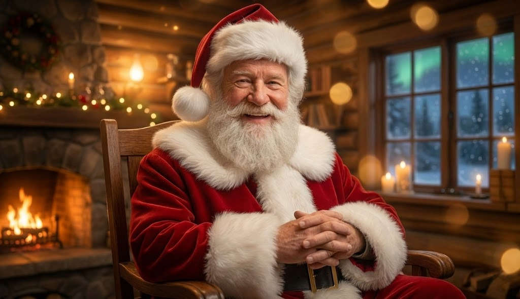 A close-up of Mikuláš in a richly decorated room, holding a golden staff and smiling warmly at the camera. The background features a glowing Christmas tree, red and gold ornaments, and softly falling snow outside the window.