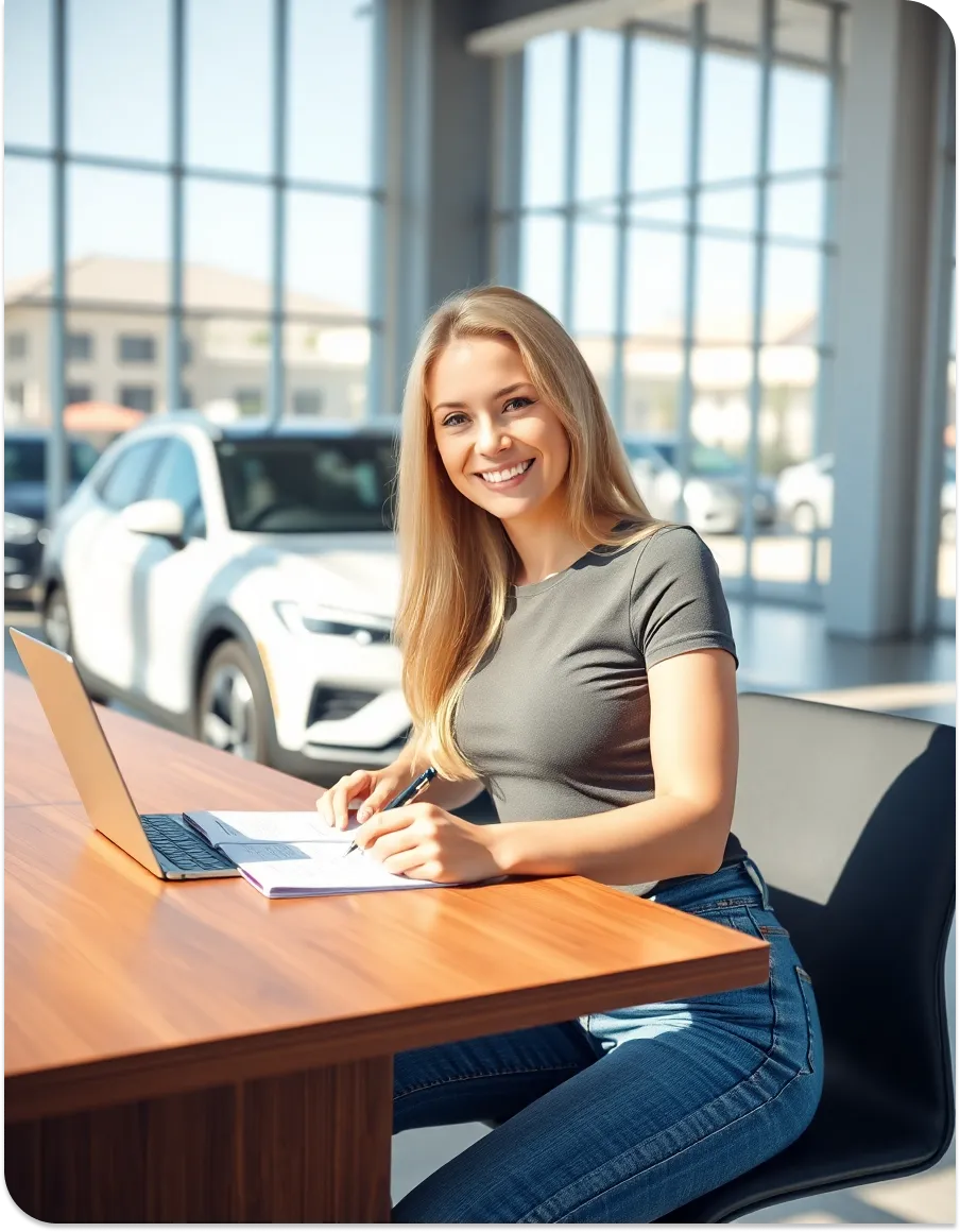 Smiling woman filling out an online car loan application at Guaranteed Auto Loans in BC.