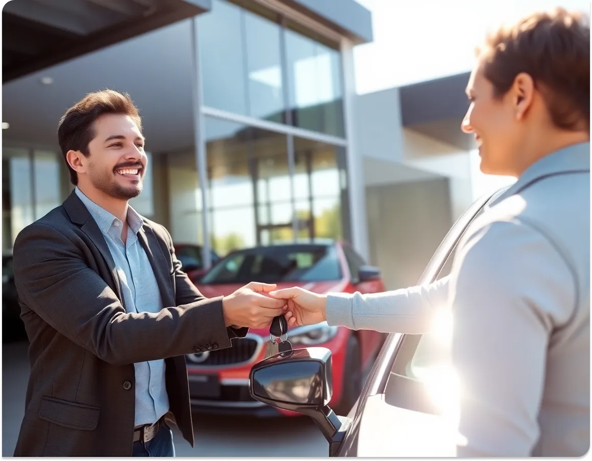 Satisfied customer shaking hands with a car dealer after securing financing in BC.