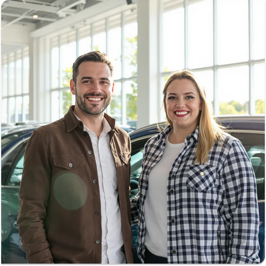 Happy couple standing next to their newly financed car in BC.