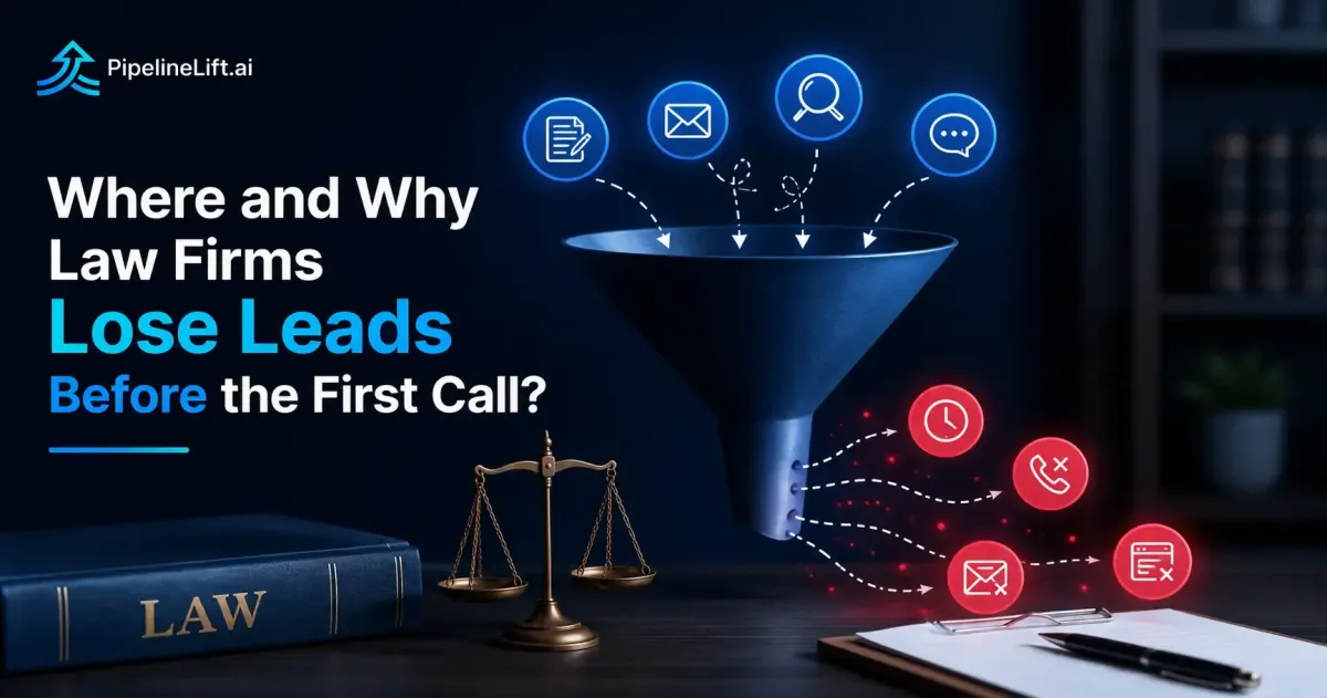 PipelineLift.ai funnel graphic showing law firms losing leads before the first call response