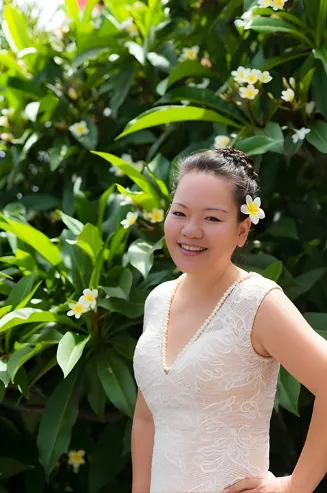 A middle-aged Asian woman with gentle features, wearing a simple linen blouse, sits in a sunlit room with plants, holding a cup of herbal tea. She radiates warmth, wisdom, and approachability, embodying the spirit of holistic health education.