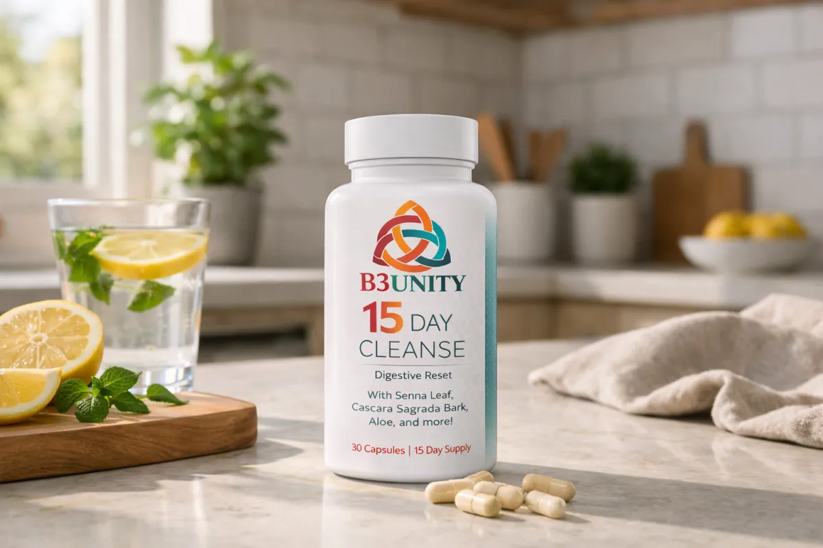 B3UNITY Cleanse bottle on a light kitchen counter with fresh ingredients