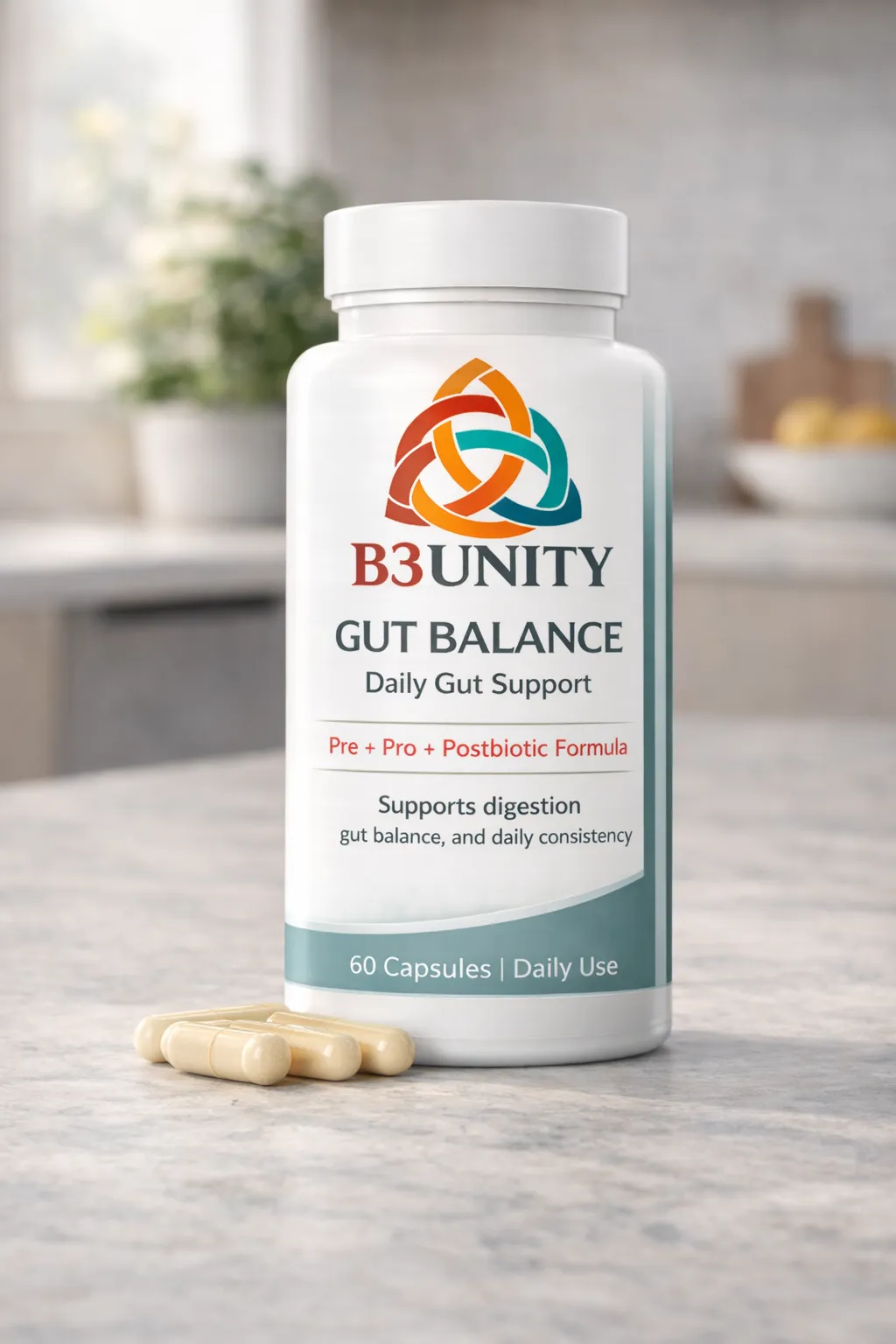 B3UNITY Gut Balance bottle product shot on a neutral background