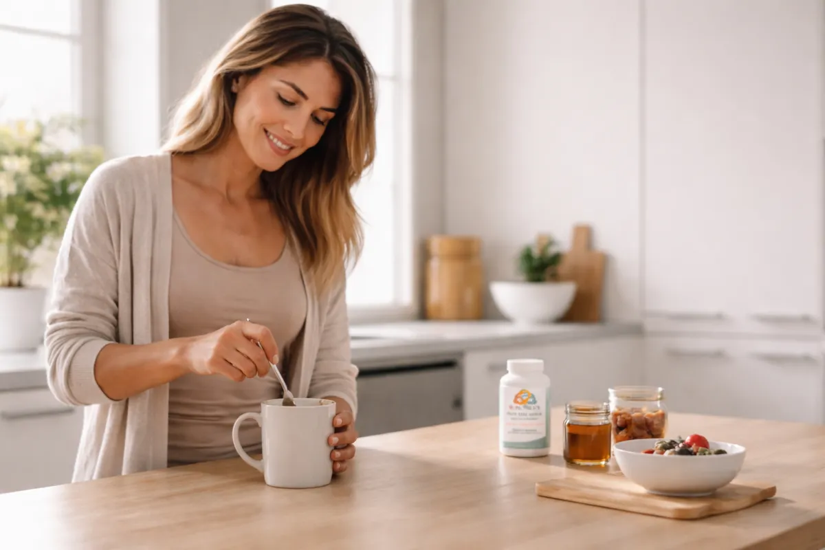 Gut Balance bottle on a kitchen counter in a calm lifestyle scene