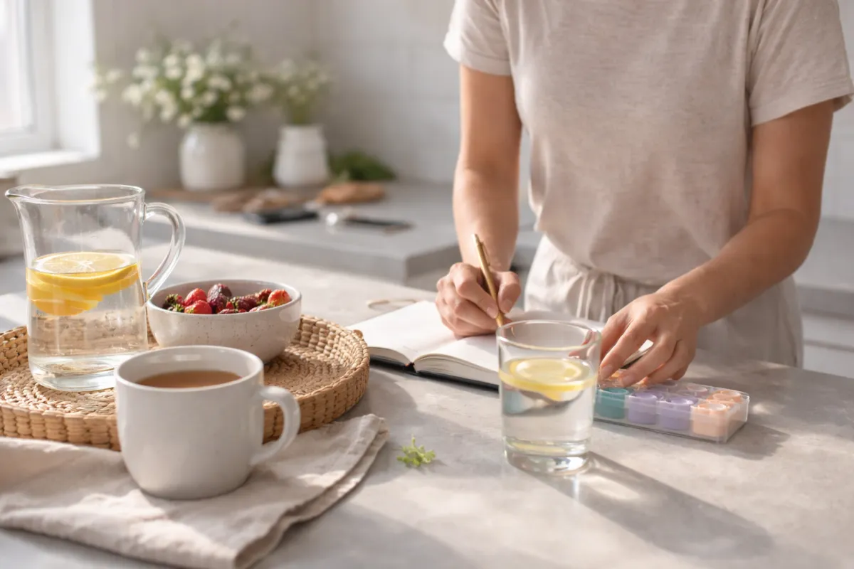 Clean B3UNITY product and lifestyle blend on a kitchen counter with natural light