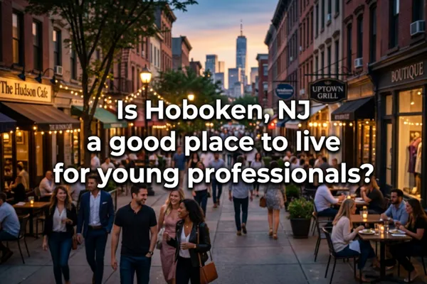 View of Hoboken, NJ skyline with young professionals commuting