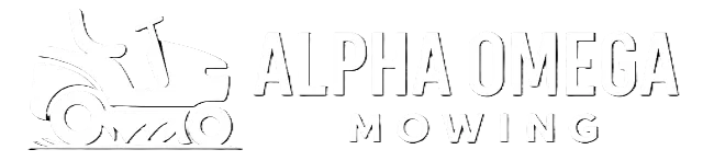 Alpha OmegaMowing Logo with a ride on lawn mowing icon 