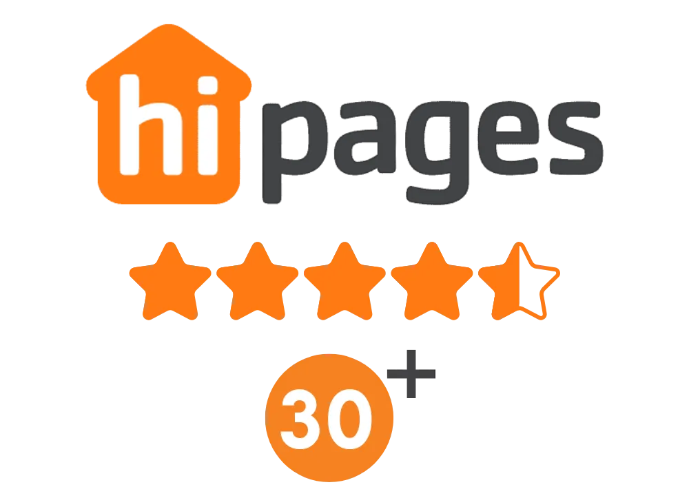 Hipages logo with 4.5-star rating and over 30 reviews, showcasing trusted home service provider credibility and customer satisfaction.