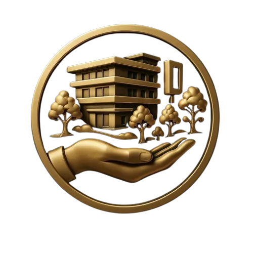 An emerald green icon of a house with a pen signing a document, set on a clean white background.