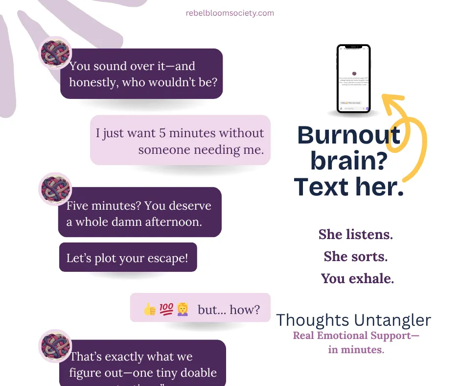 Mockup showing a chat between a mom and Thoughts Untangler GPT, an emotional-support AI that helps moms untangle thoughts and find calm.