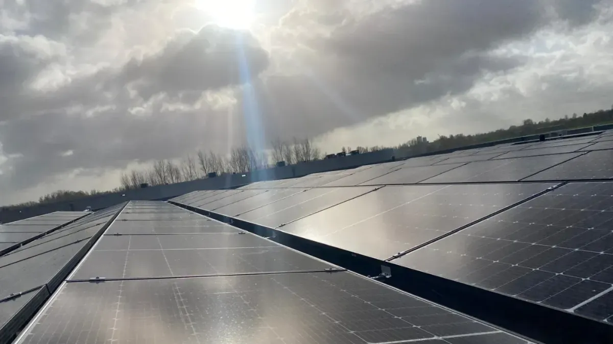 Overzicht van zonnepanelen op plat dak van woning