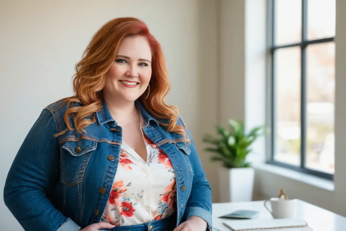 Caitlin standing confidently in a bright, modern office, wearing a denim jacket over a floral blouse, with her hand on her hip, smiling warmly at the camera. A plant and a cup of coffee are visible in the background, creating a professional yet approachable atmosphere.