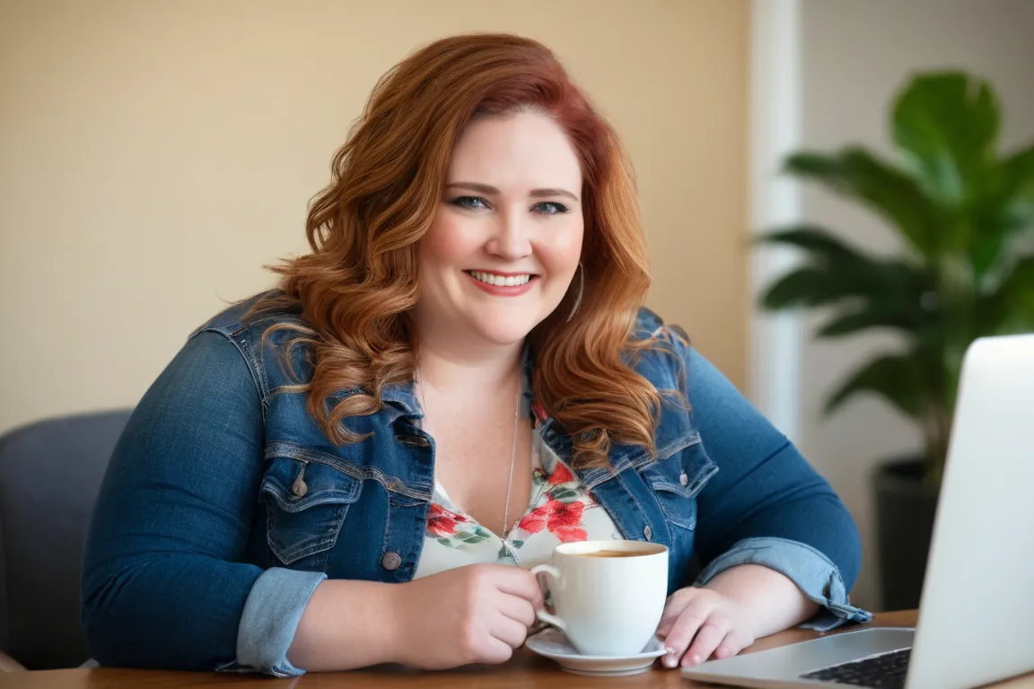 Caitlin seated at a desk in a cozy office, smiling warmly while holding a cup of coffee. She is wearing a denim jacket over a floral blouse, with a laptop and a plant in the background, embodying a professional yet relaxed vibe.