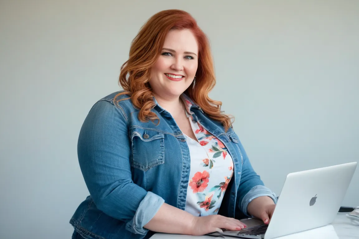 Caitlin Harris with red hair, wearing a denim jacket and floral blouse, working confidently on a laptop at a bright, modern desk.