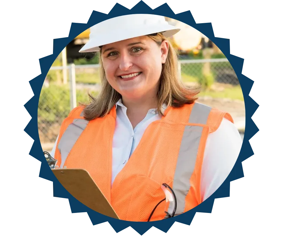 Portrait of Sarah Harrison, CEO of Order of Operations, smiling confidently. She is wearing a white hard hat, an orange safety vest, and holding a clipboard, standing in an outdoor construction setting.