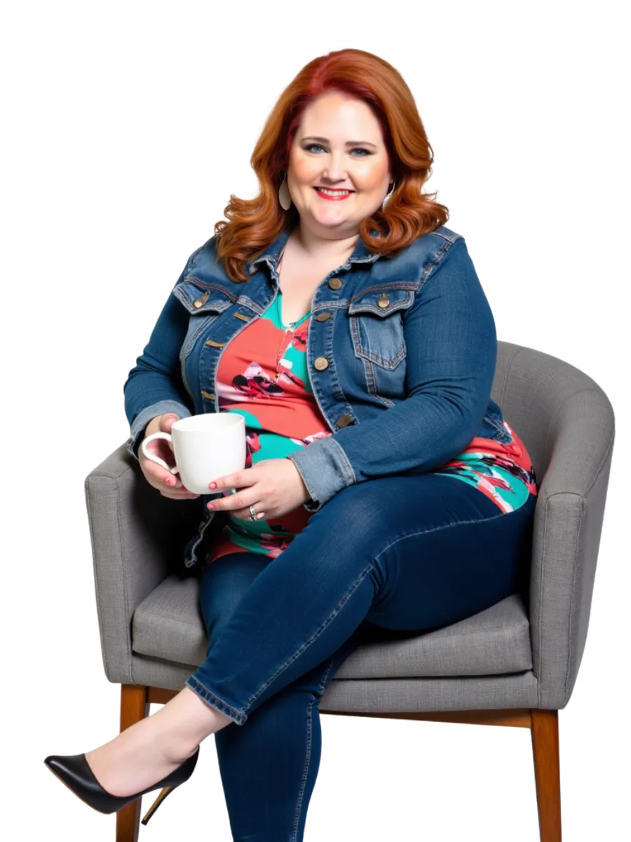 A graphic featuring Caitlin, a red-haired professional, seated in a gray armchair with a cup of coffee. The text reads: "Coffee Chat with Caitlin. Let’s turn your ideas into actions." The design includes her tagline, "Build momentum. Master success. Thrive boldly," showcasing her approachable and results-driven style.