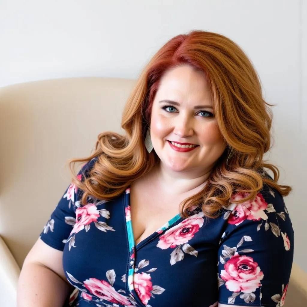 Caitlin Harris, CEO and founder of Lighthouse Business Consulting Solutions, smiling warmly. She is wearing a navy floral dress with vibrant pink flowers, exuding a confident and approachable presence in a bright, inviting setting.