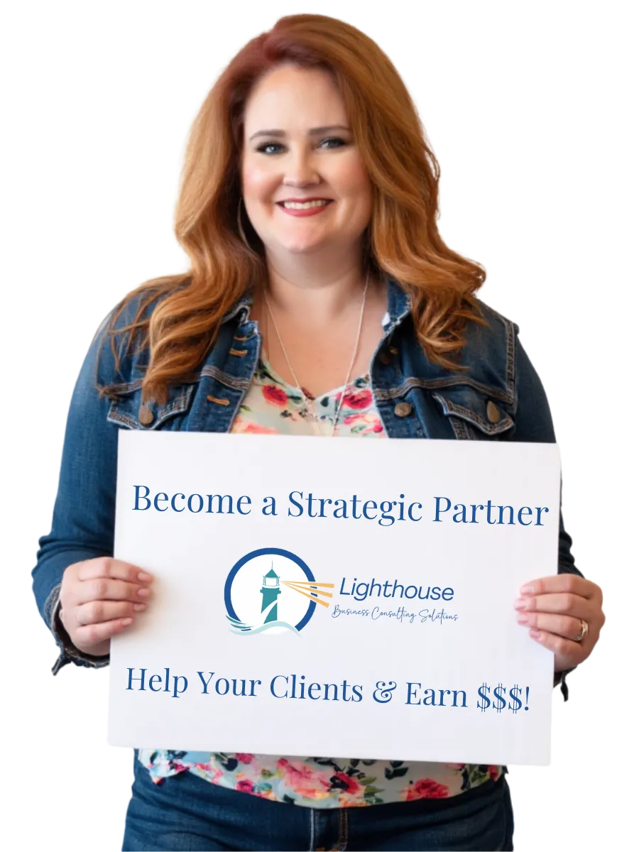 Caitlin Harris holding a sign that reads "Become a Strategic Partner—Help Your Clients & Earn $$$!" promoting the affiliate program benefits for service providers.