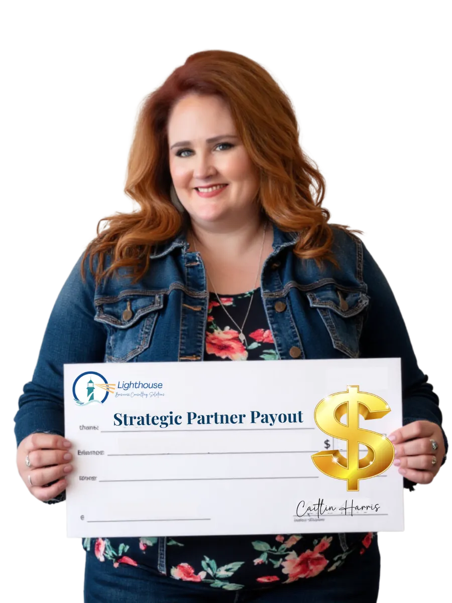 Caitlin Harris holding an oversized check labeled "Strategic Partner Payout," emphasizing the financial rewards for referring clients to the Momentum Mastery Program and Lighthouse Software Suite.