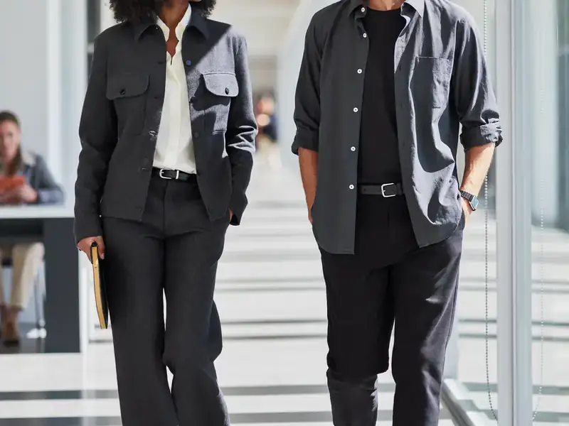 Two individuals walking side-by-side, dressed in professional business attire (suits), facing away from the camera.