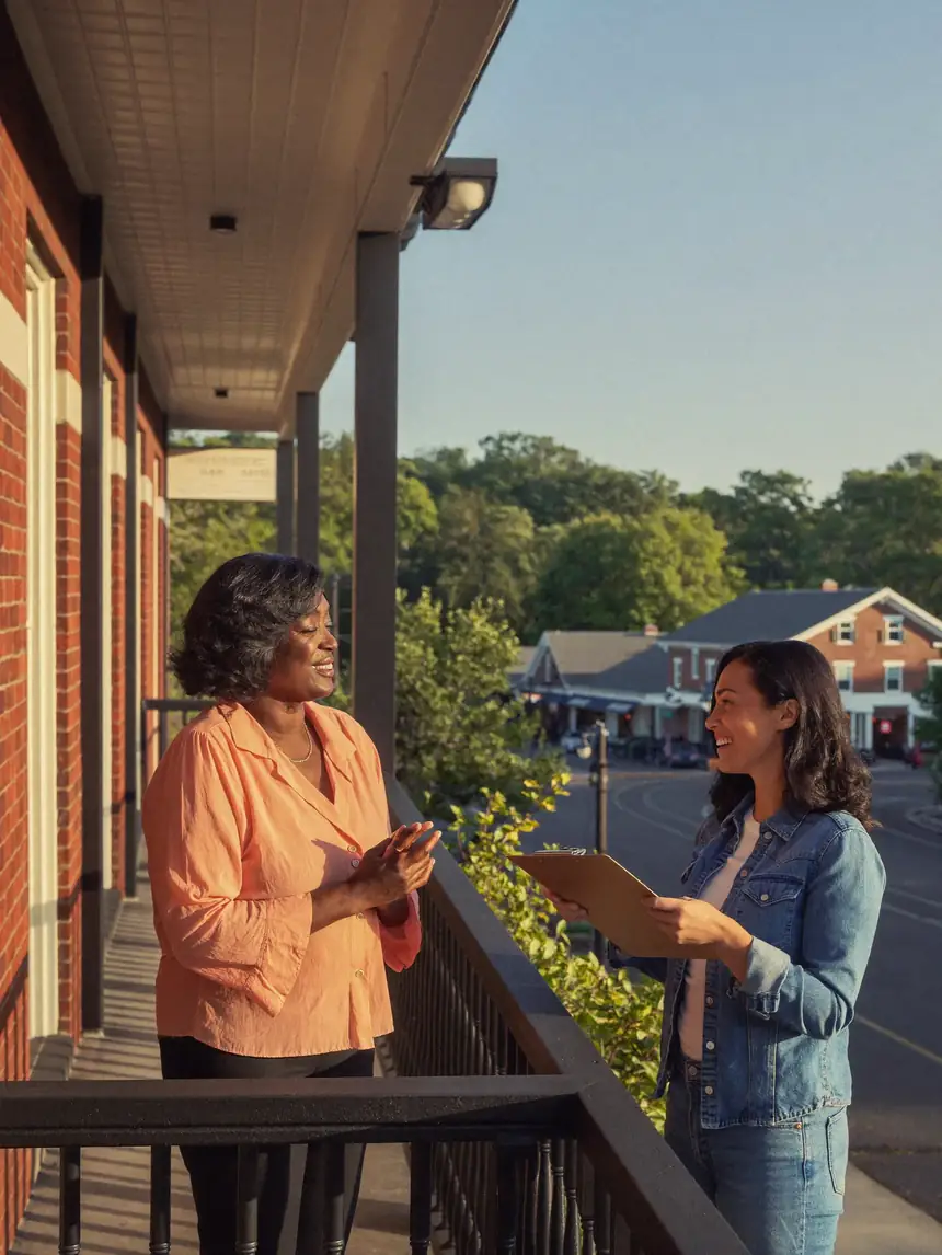Two women standing outdoors in front of a brick building, smiling and talking. One holds a clipboard.