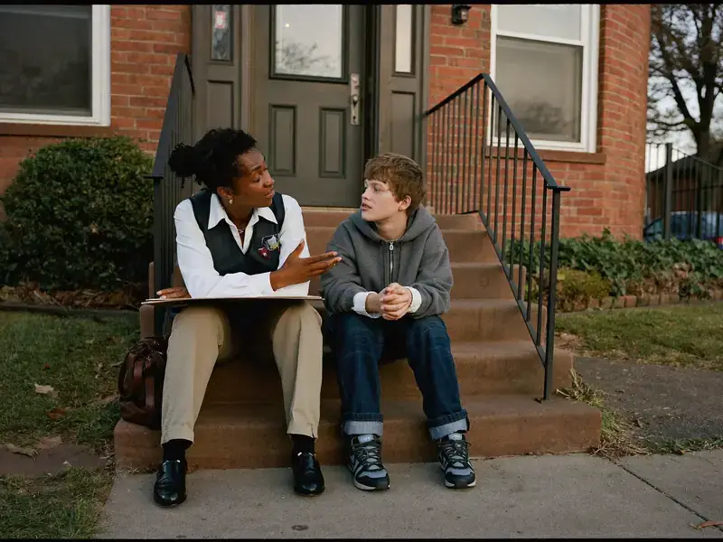 A woman and a young boy sitting on the steps of a brick building, engaged in conversation.