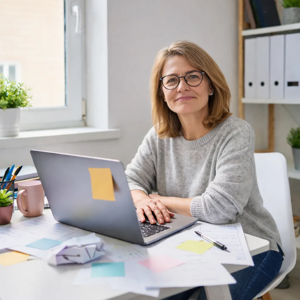 woman at desk with laptop smiling