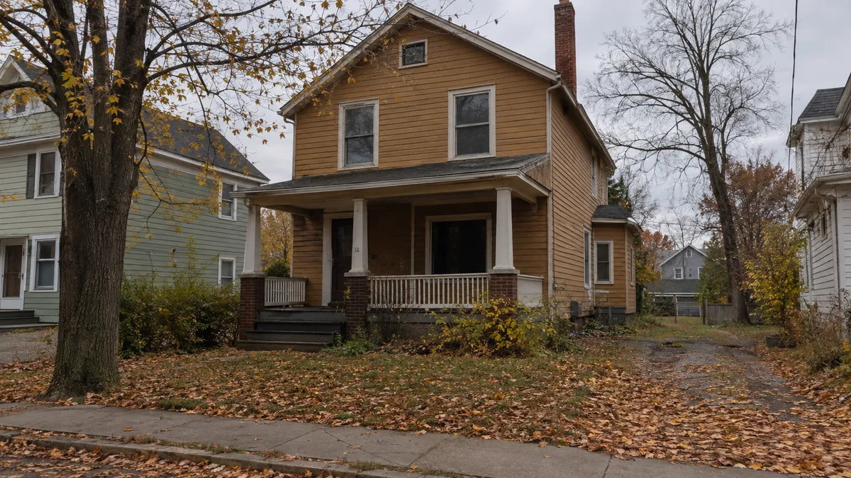 Older vacant two-story home in the Albany, New York area during early autumn with fallen leaves in the yard.